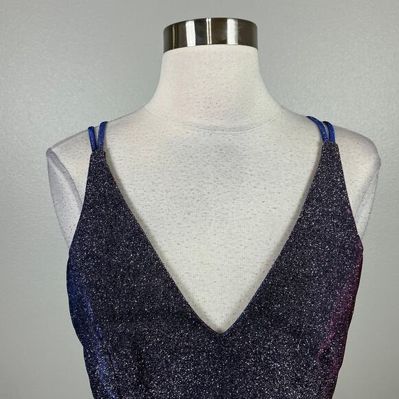 XSCAPE Glitter Knit Mini Fit and Flare Size 8 Black Iridescent Strappy Back - Picture 7 of 14